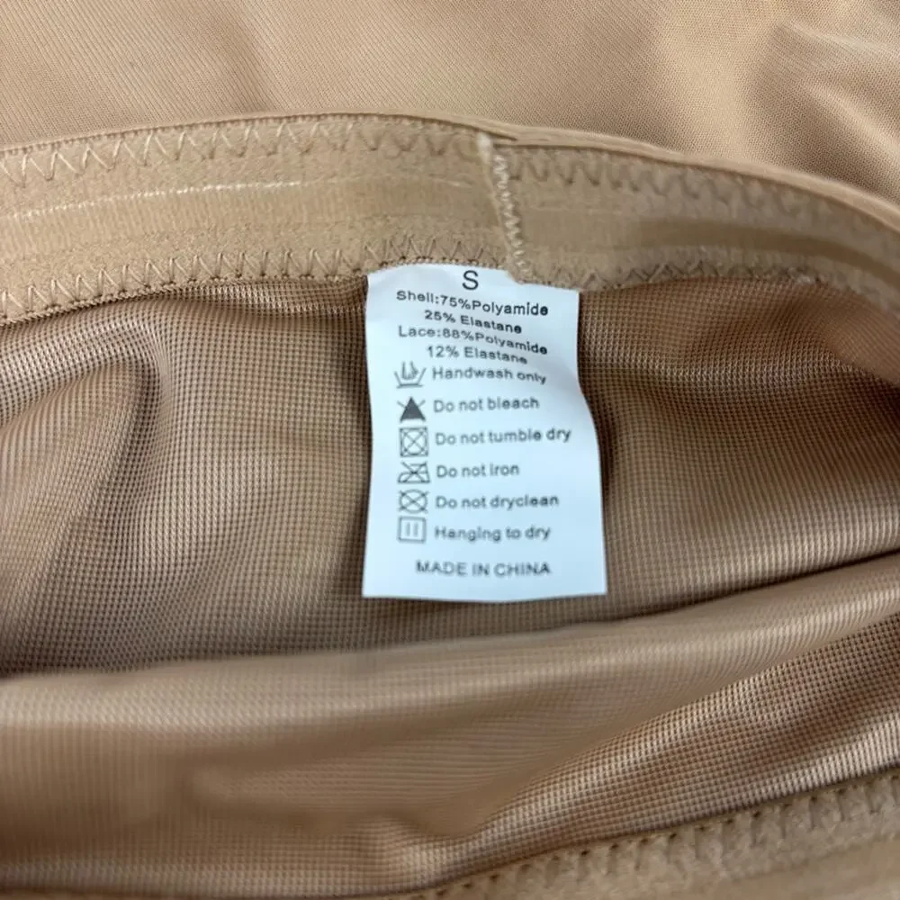 NWT Womens Lace Thong Shapewear Mid to High Waisted Shaper Thong Beige, Small